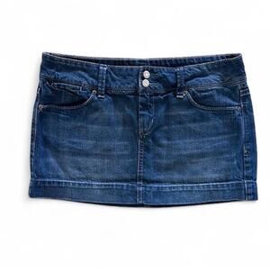 Y2K American Eagle Denim Mini Skirt Size 8 34” Waist Blue Embroidered